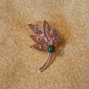 Vintage A&Z Leaves and Green Stone Brooch/Pin